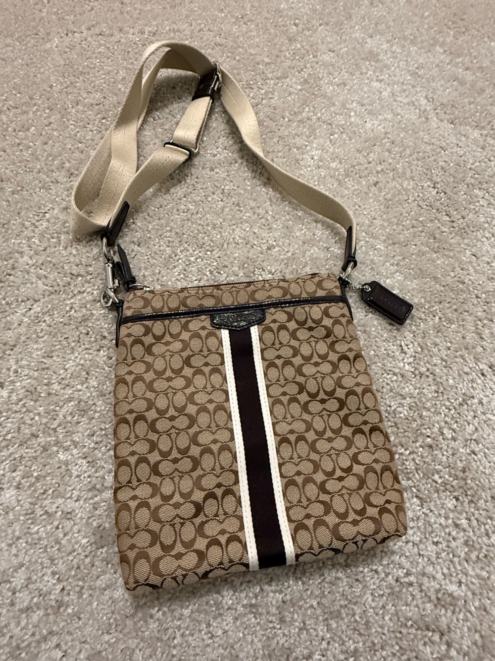Coach Brown Mini C Signature Cross Body Bag with Stripe NWT